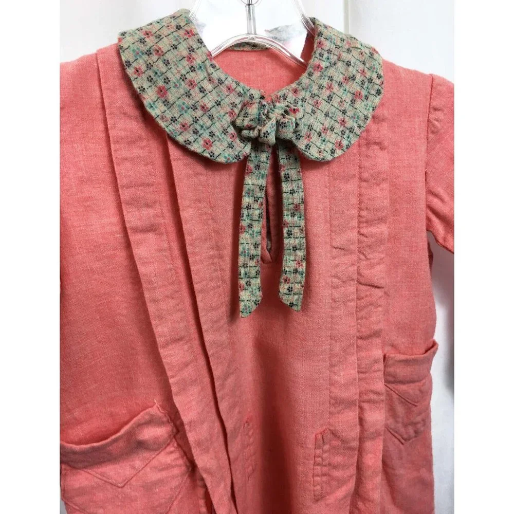 Child Edwardian Coral Peach + Floral Print Collar Dress Pockets Doll